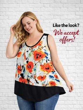 Jazz Lynne Abstract Floral Tank Top Asymmetrical Hem Sleeveless Blouse 2X